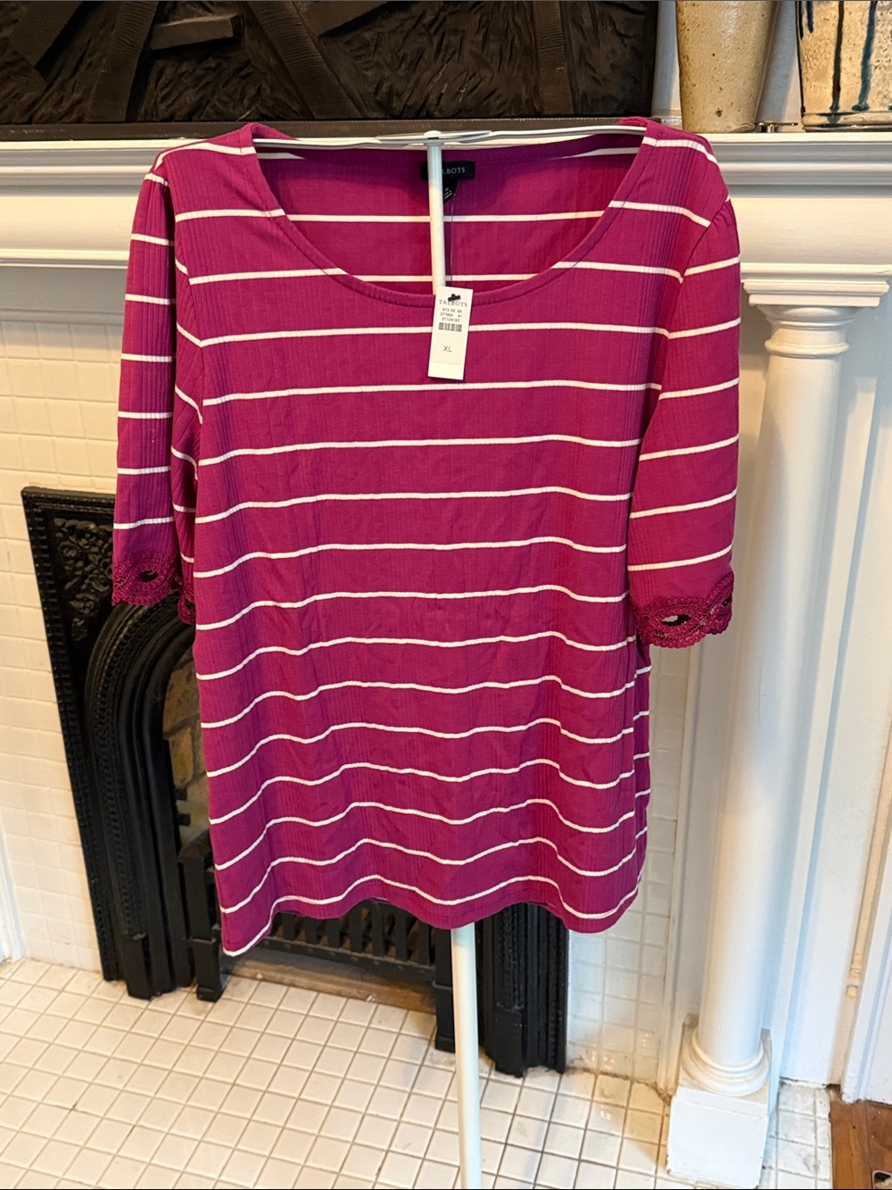 Talbots Berry Striped Scoop Neck Knit Top with Lace Trim- NWT. Retail 79